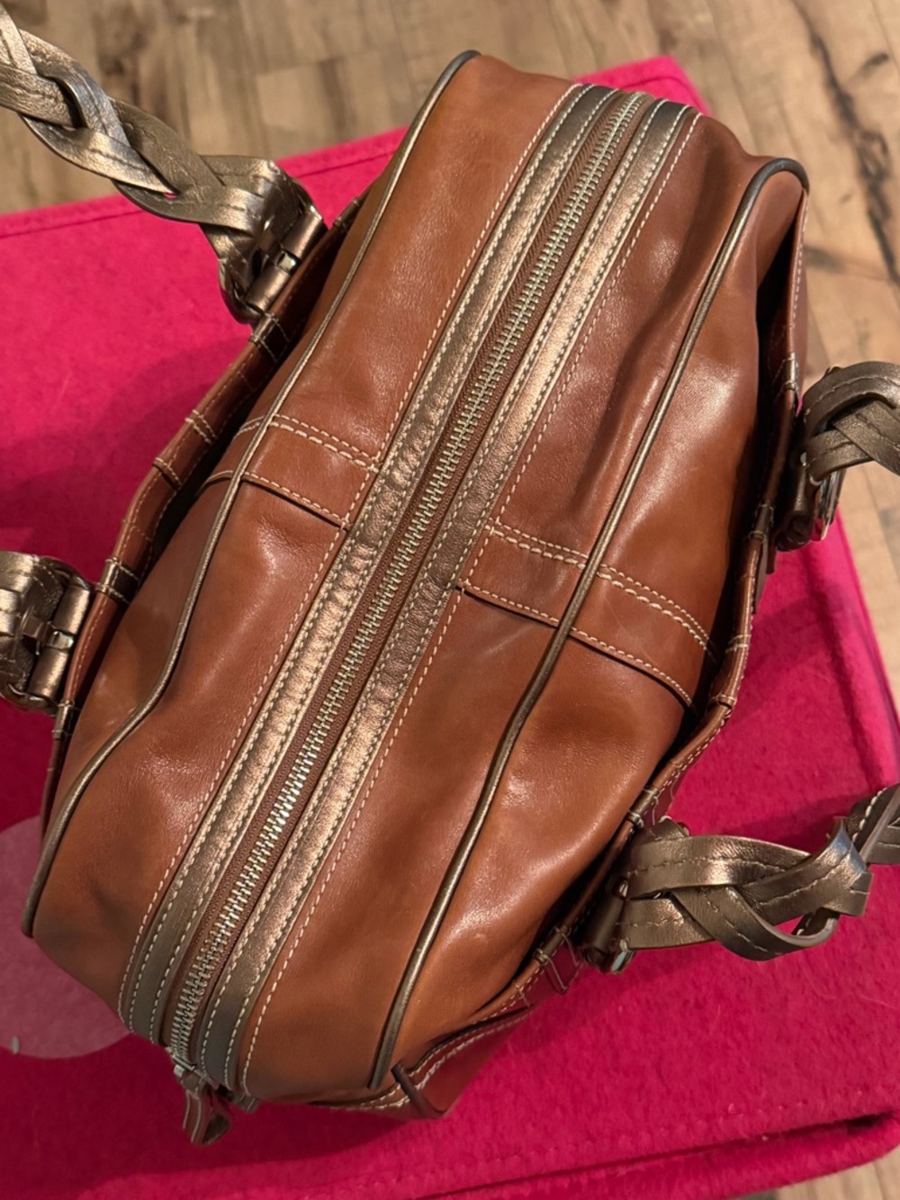 Coach Brown Leather Satchel with Braided Metallic Handles - Picture 8 of 12